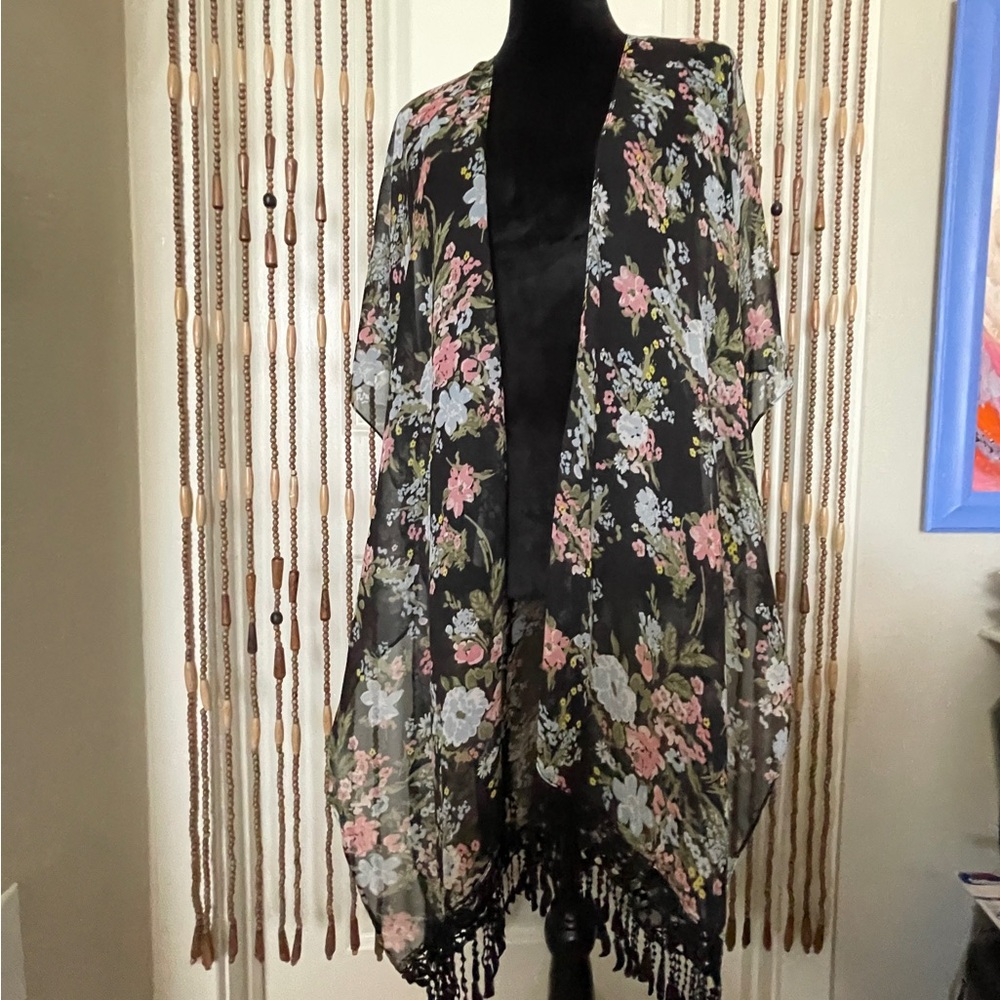 Boho Sheer Black Floral Kimono Cover Up One Size